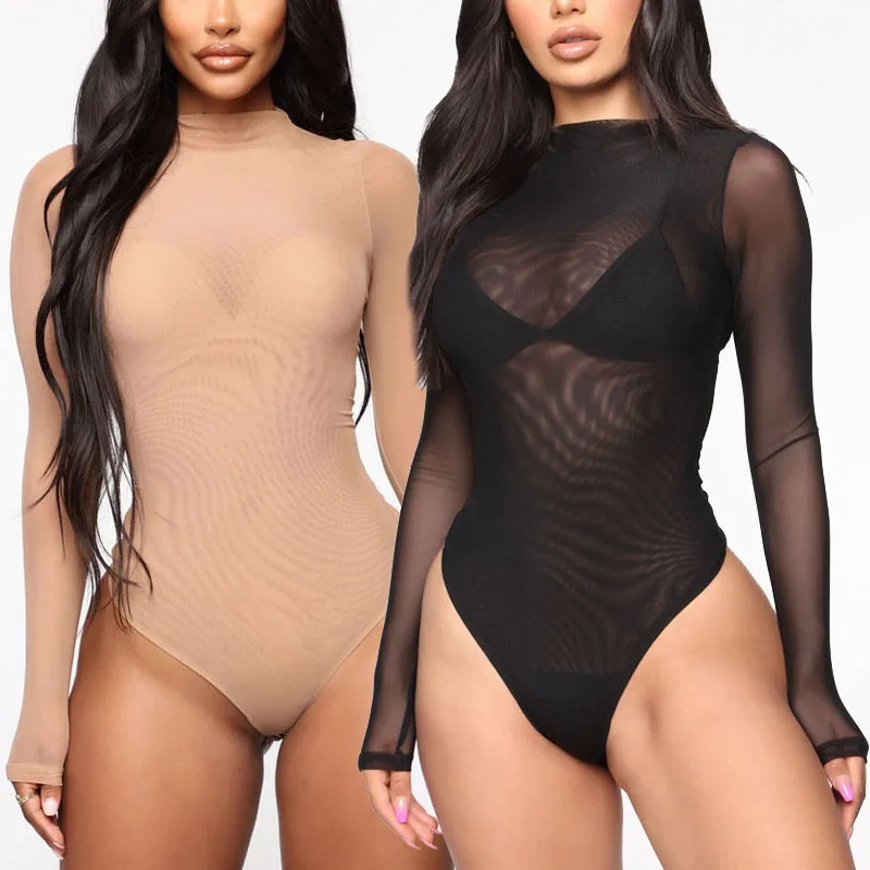 2022 Woman See Through Open Crotch Underwear Mesh Transparent Thong Bodysuit Jumpsuit Long Sleeve Bodysuit Lingerie Nightwear comeondear lace bodysuit sleeveless leopard lingerie plus size slinky slim body top push up bodycon jumpsuit transparent romper