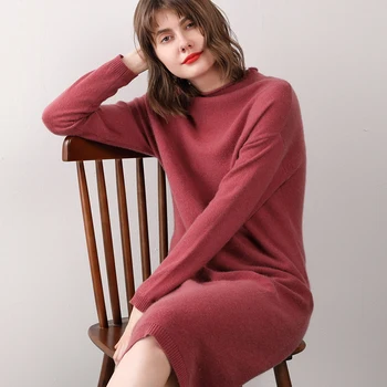 

100% Pure Wool Long Sweater Dress Women's Half High Neck Pullover Long Sleeve Loose Hip Knit Bottoming Dress Free Shipping
