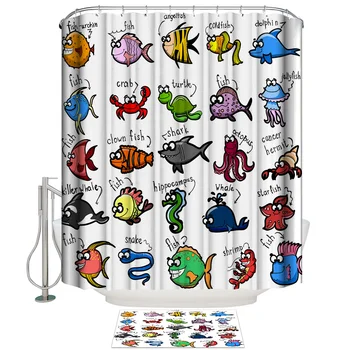 

Fabric Shower Curtain Fish Cartoon Crab Jellyfish Turtle Whale Comic Shower Curtains Bathroom Decor Shower Curtain Doormat Set