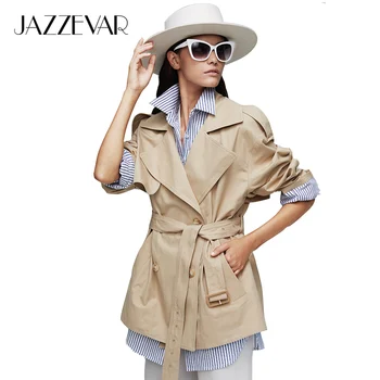 

JAZZEVAR 2019 New arrival autumn trench coat women double breasted short outerwear quality with belt trench coat for women 9026