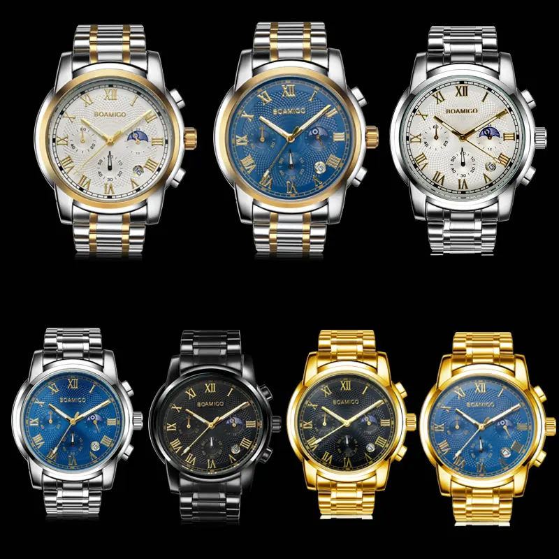 Новые часы Мужские люксовый бренд BOAMIGO Хронограф Мужские спортивные часы водонепроницаемые полностью стальные Модные кварцевые мужские часы