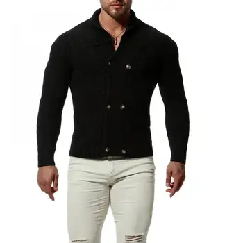 

New trend men's shawl stand collar fashion casual simple cardigan sweater button front line solid color sweater