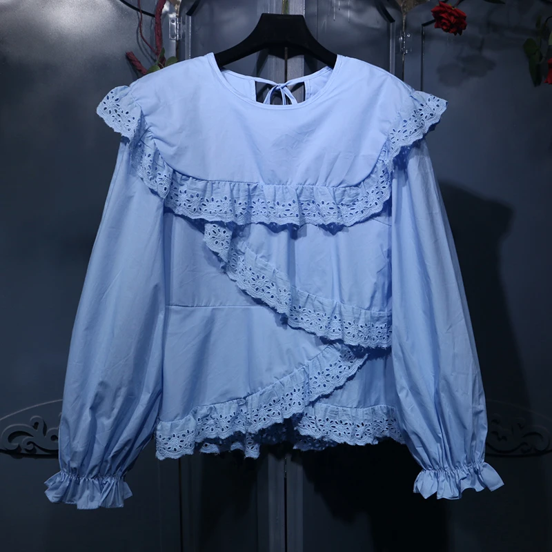 

Sweet Fashion Women Shirts Cotton Hollow Long Sleeves Ladies Blouses and Tops Female Irregular Autumn New 2019 Women Clothing