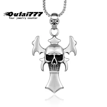 

stainless steel mens necklace pendants wing skull Steel jewelry on the neck steampunk male accessories wholesale gifts for men