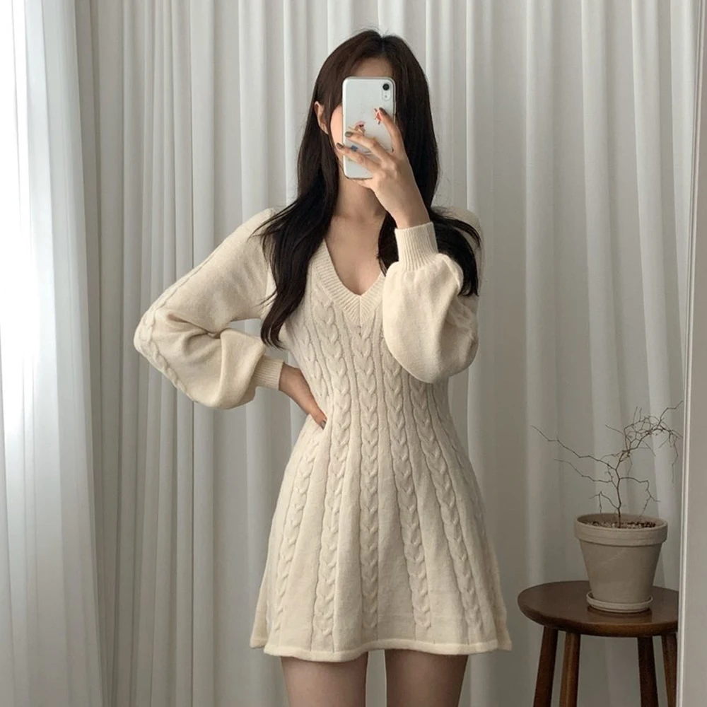 Dress For Women 2022 Korean Fashion Casual V-neck Spring Autumn New Solid Color Lantern Sleeve Mini Knitting Pullover Dresses long sleeve maxi dress Dresses