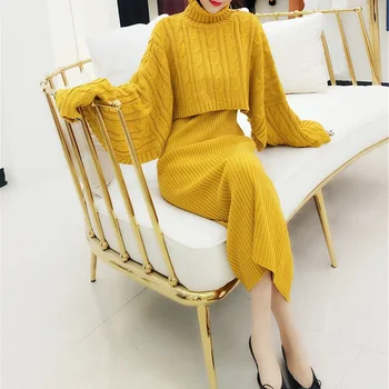 

2020Autumn Winter Women Two Piece Sweater Dress Knitted Twist Loose Cloak Turtlenek Crop Top and Long Split Vest Dress