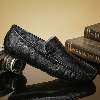 

Handmade Leather Shoe Winter Warm Fur Loafers Mens Car Driving Shoes Men Shoes Casual Luxury Brand Slip On Shoes Man Flats Black