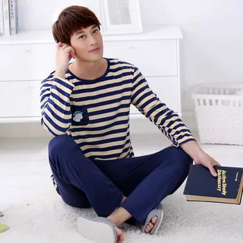 

Spring New Long Sleeve Pijama Stripe Top + Pants Pajamas Set for Male Plus Size Sleep Clothing Home Service Men Pyjamas Suit