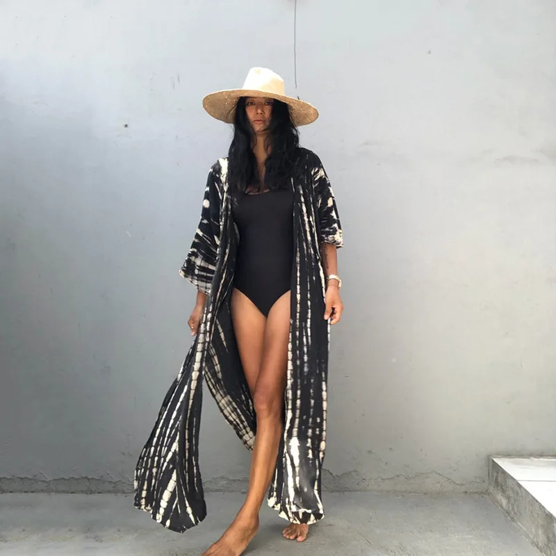 

Tie Dye Print Swimsuit Cover Up Black Long Sleeve Hooded Cotton Bikini Cover-ups Boho Kimono Beach Maxi Beach Summer Vestidos