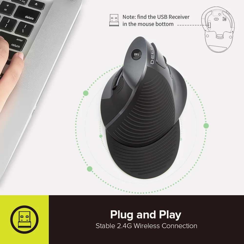 Rato sem Fio Ópticos com Descanso de Palma Removível para Computador Delux Vertical Recarregável Ergonômico 4000 Dpi Ratos M618g - Imagem 5