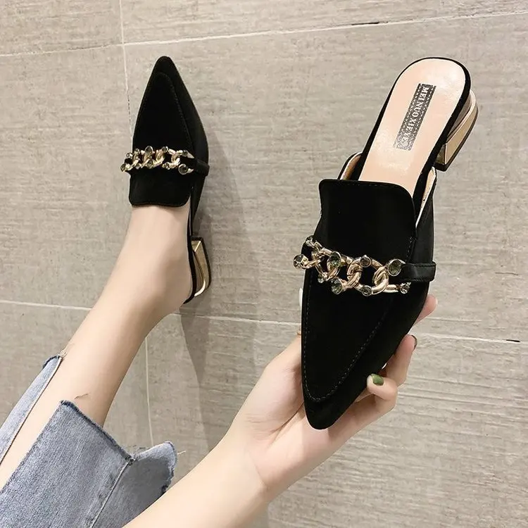 Women Mules Pointed Toe Low Heels Chain Fashion Office Ladies