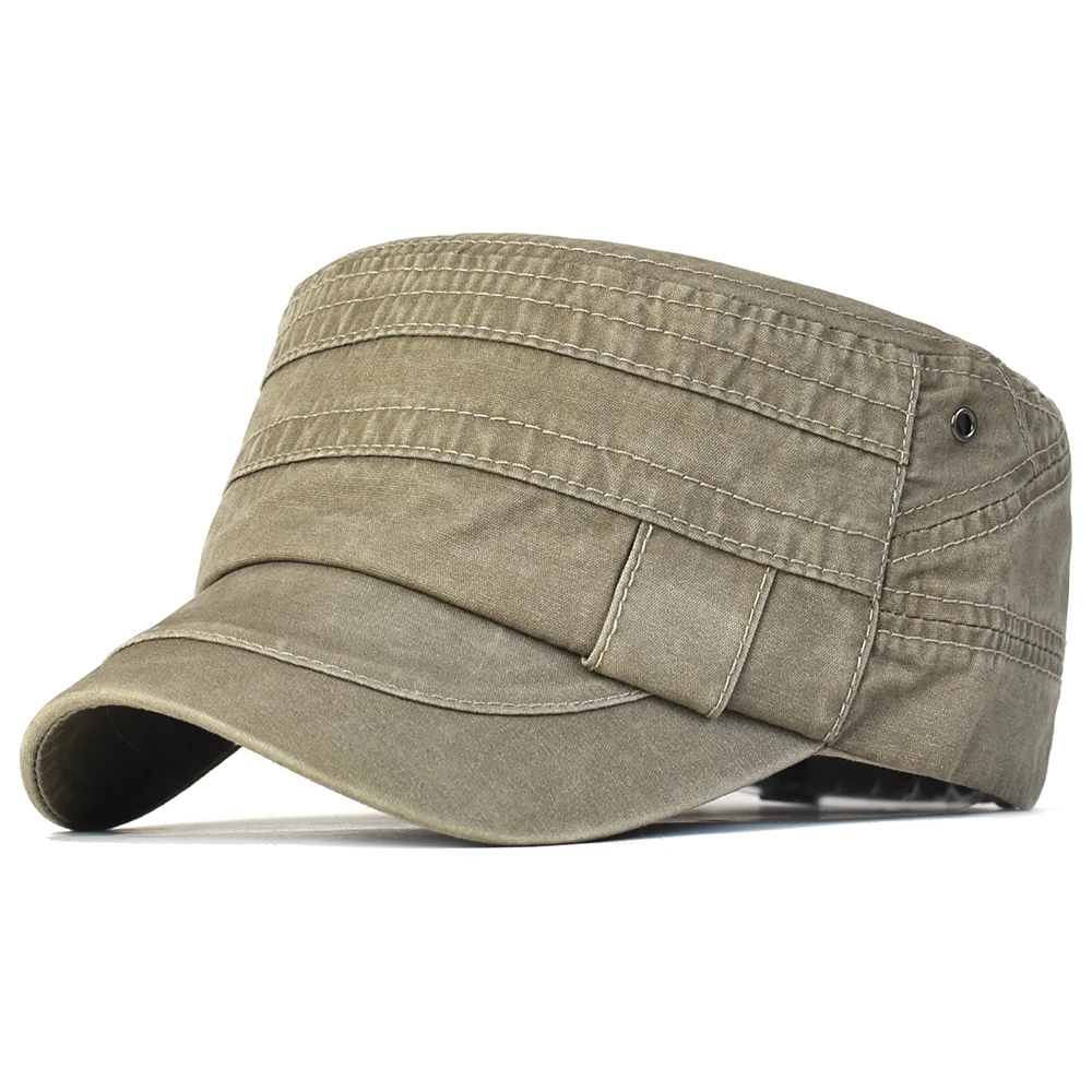 Casual Washed Cotton Flat Top Hat Adjustable Military Caps for Men Women Flat Cap Flat Vintage Cap