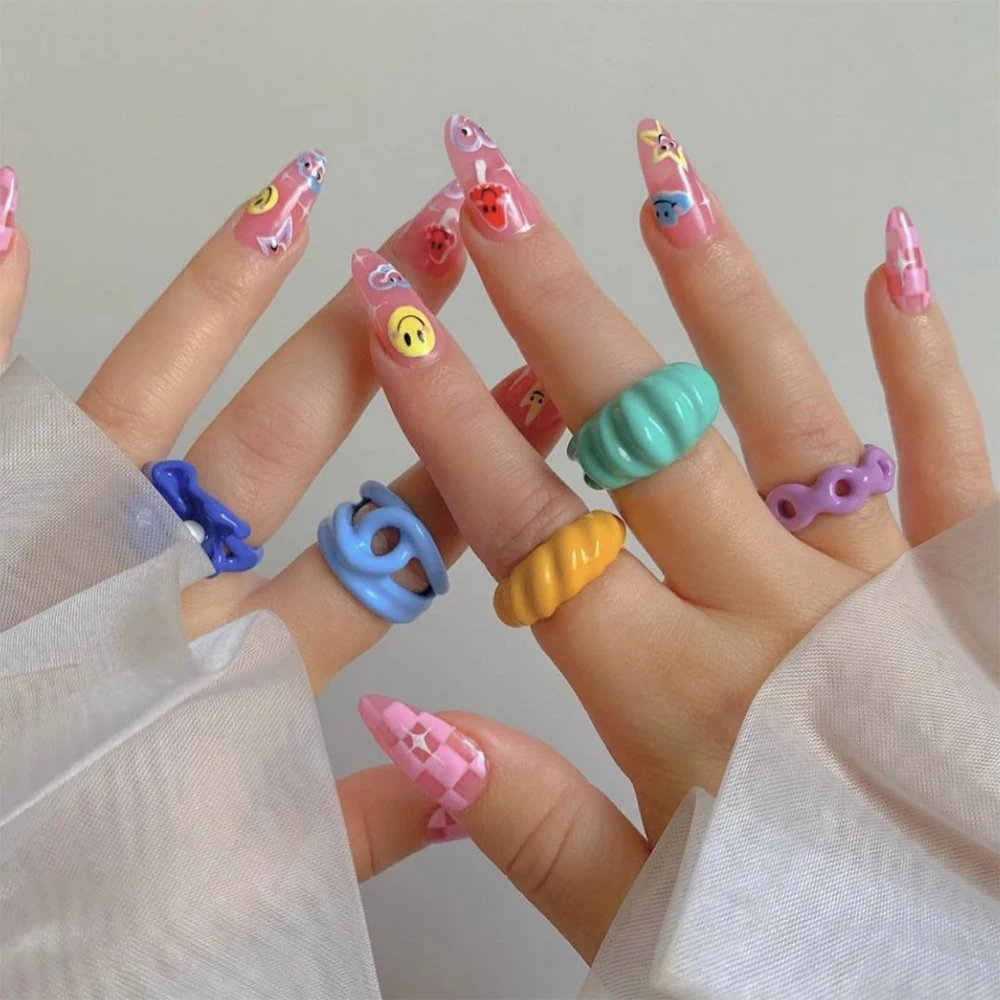 2021 New Trendy Hand-painted Candy Color Dripping Oil Geometric Chain Rings for Women Multicolor Irregular Open Rings Jewelry