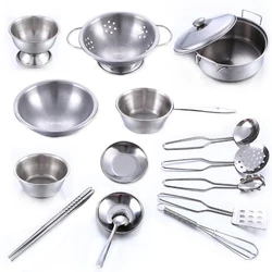 Maison en acier inoxydable pour enfants, 16 pièces/ensemble, jouets de cuisine, ustensiles de cuisine, casseroles, poêle 