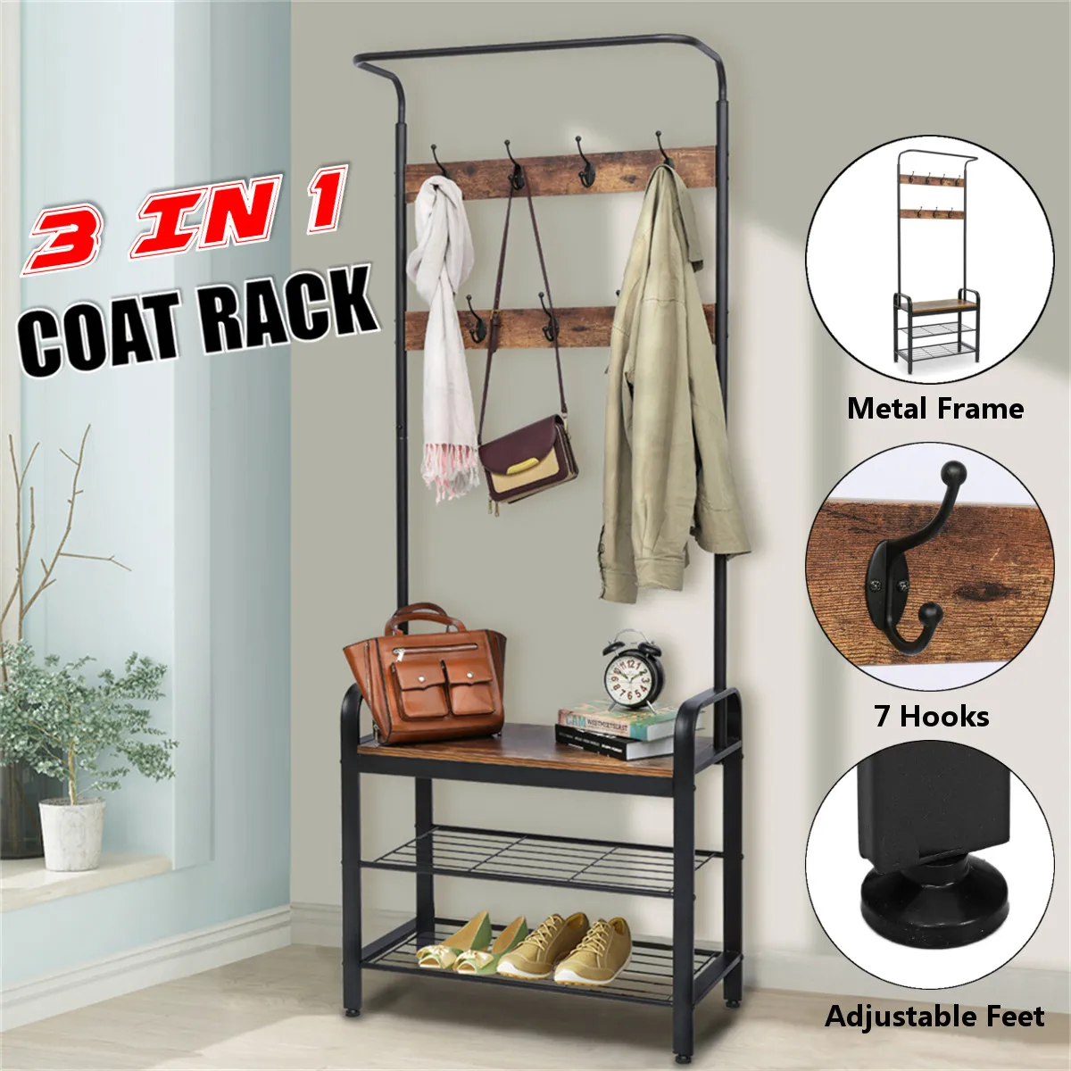 Multifunction 3-Tier Coat Rack Floor Standing Wardrobe Clothes Hanging Storage Shelf Clothing Drying Rack with Shoe Bench 7 Hook
