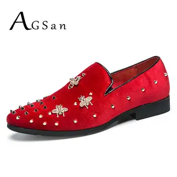 

AGSan Red Leather Wedding Shoes Men Velvet Loafers Spiked Party Shoes for Men 38-47 Pointed Toe Mens Shoes Slip On Bee Shoes
