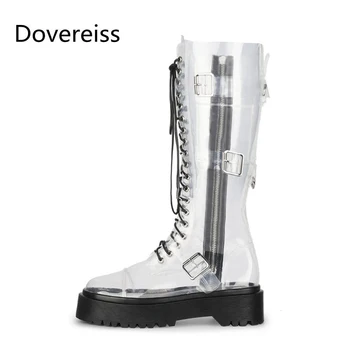 

Dovereiss Fashion Female boots summer new Elegant sexy Buckle Round toe Cross tied PVC Zipper Block heels Knee high boots 35-41