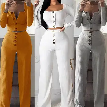 

Elegant Women Girl Winter Long Sleeve Single-breasted Crop Top Slim Fitness Straight Pants Outfits