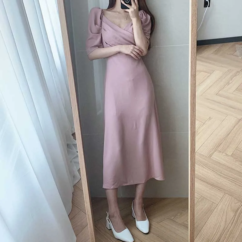 2020 One-Piece French Lady Dress Summer Elegant V-Neck Puff Sleeve Waist Chiffon Dress Women Party Holiday Dress Vestidos Female