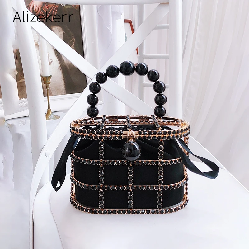 Diamonds Basket Evening Clutch Bags Women Hollow Out Beaded Alloy Metallic Cage Handbags And Purses Ladies Dinner Fashion