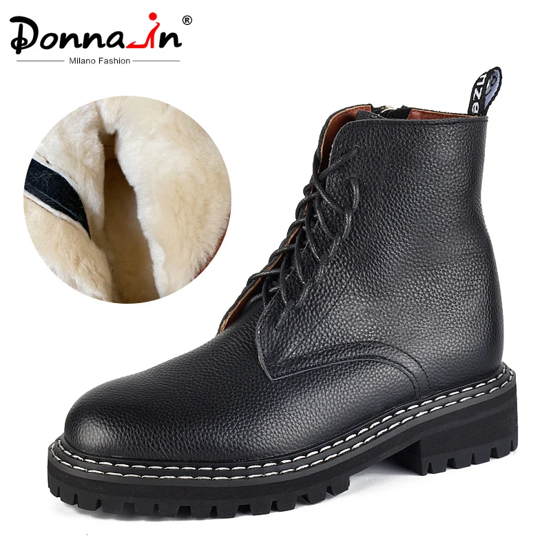 

Donna-in Winter Platform Ankle Boots For Women With Fur Genuine Leather Lace Up Warm Wool Lined Fashion Black Motorcycle Booties