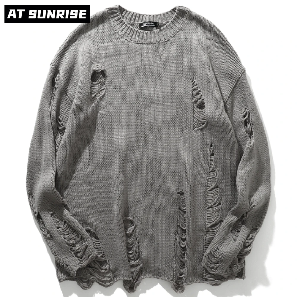 

Свитер мужской в стиле Харадзюку, уличная одежда в стиле хип-хоп с дырками, однотонный вязаный свитер в ретро стиле, зимний хлопковый пуловер унисекс серого цвета