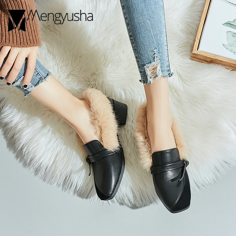 Rabbit Khaki Fur Boots Winter Faux Suede Leather Fur Snow Booties Women Bowtie Med-High Heels Lady Shoes Ankle Dress Botas