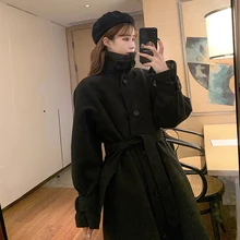 Зимнее длинное шерстяное пальто с воротником-хомутом, женское двубортное пальто с длинным рукавом в стиле Харадзюку, женское однотонное свободное термо пальто