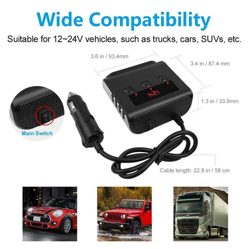 12 V-24 V 100W розетка для автомобильного прикуривателя Разветвитель Подключите один для три в красный горошек с выключателем Напряжение Дисплей 4USB Зарядное устройство адаптер