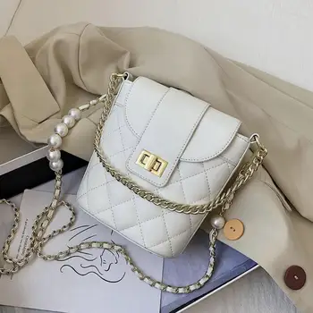 

Lattice Tote Bucket bag 2020 Fashion New High-quality PU Leather Women's Designer Handbag Pearl Chain Shoulder Messenger Bag