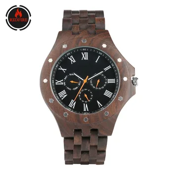 

REDFIRE Punk Fashion Men Wood Watch Creative Metal Rivet Design Ebony Wooden Wristwatch Roman Numerals Display Man Clock