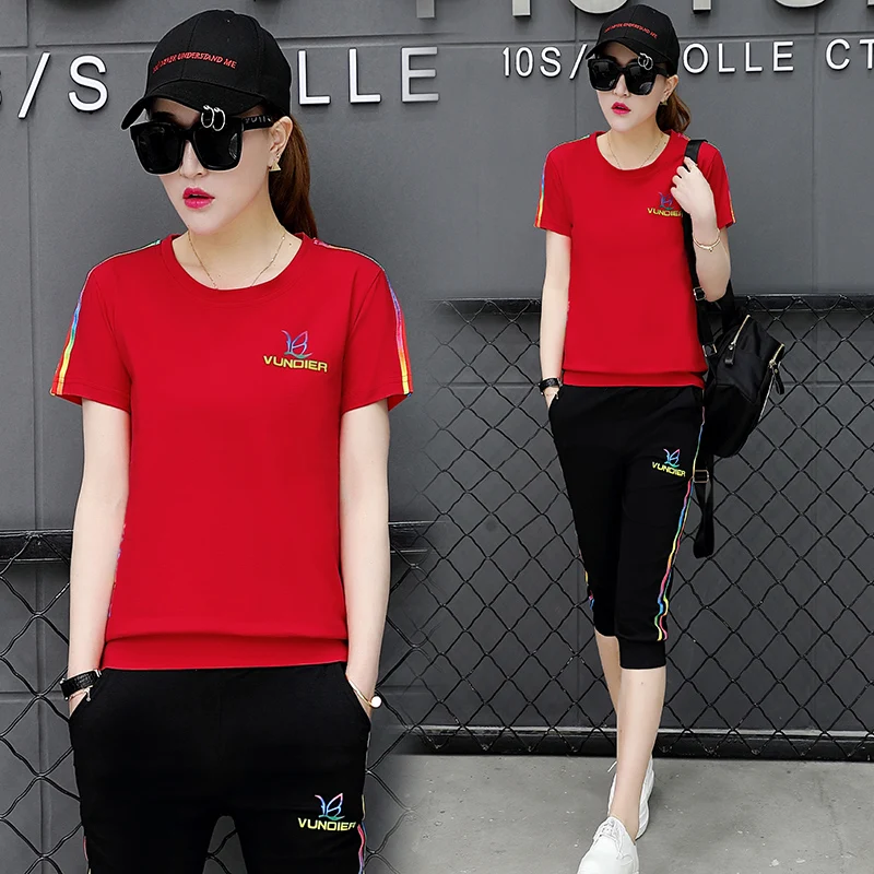 

[film] summer cotton sports suits female leisure short sleeve T-shirt fashion two-piece (cotton spandex)
