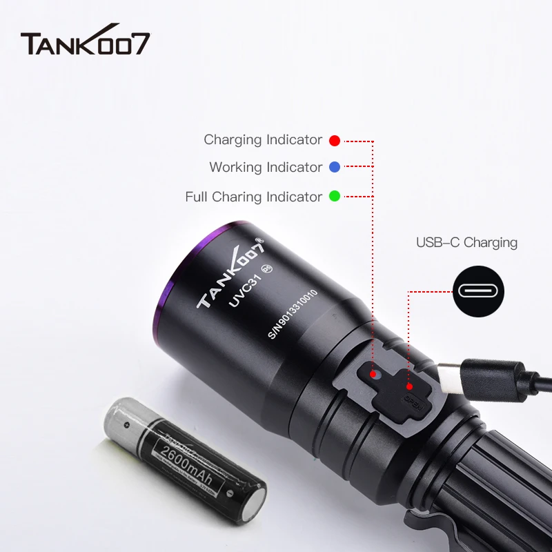 TANK007 UVC31 NDT Nichia UV LED Flashlight Curing 365nm Blacklight Police Forensic High Power Type C USB Rechargeable Goggles