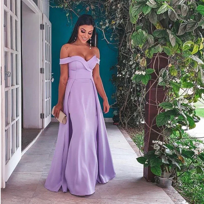 Vestido de festa, вечернее платье, длинное,, вырез лодочкой, с открытыми плечами, элегантное вечернее платье, атласное, с Боковым Разрезом, вечерние платья
