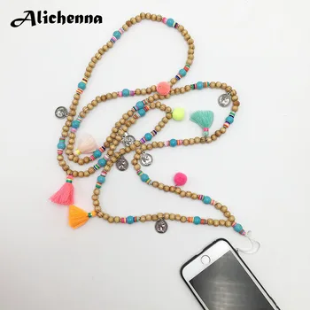 

Fashion Accessiories Vintage Mobile Phone Chain Necklace Statement Bohemian Wooden Beads Cell Phone Choker Necklaces Jewelry