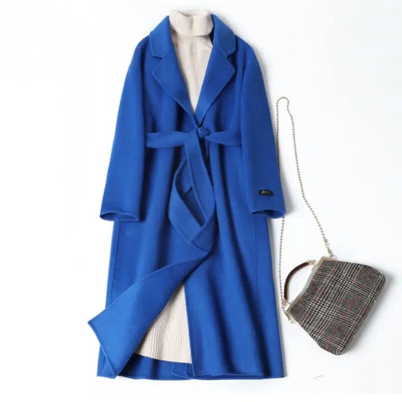 royal blue Женское пальто осень-зима, новинка, кашемировое шерстяное пальто, женское одноцветное длинное пальто с поясом, Женская Модная элегантная шерстяная Верхняя одежда T149 - Цвет: royal blue
