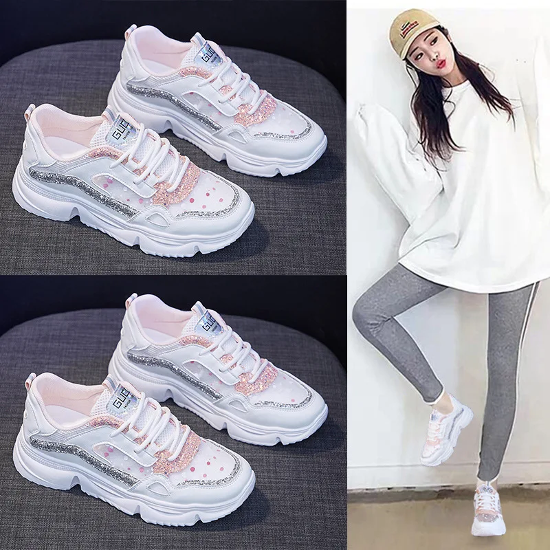 

New Bling Shine Lace Up Air Mesh Casual Shoes Female Breathable Women Shoes Woman Summer Ins Student Thick Bottom Platform Shoes