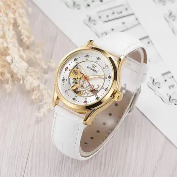 

OUYAWEI Hollow Waterproof Leather Strap High-grade Korean Version Swiss Watch White Automatic Ladies Mechanical Women Watches