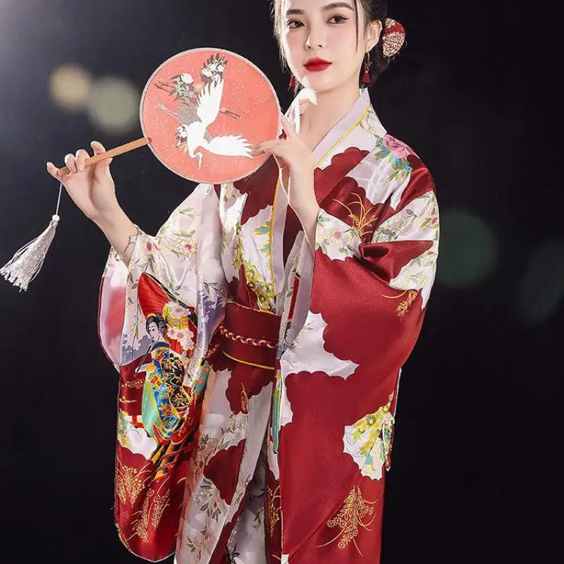 

Кимоно женское традиционное с Оби, юката с винным принтом, пикантный костюм для косплея с V-образным вырезом, одежда для выступления на сцене