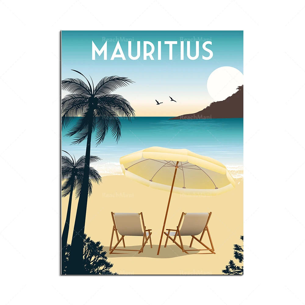 Tropical sand sea ocean island, skyline crystal rock, Maldives islands,  Mauritius island retro travel printing poster gift