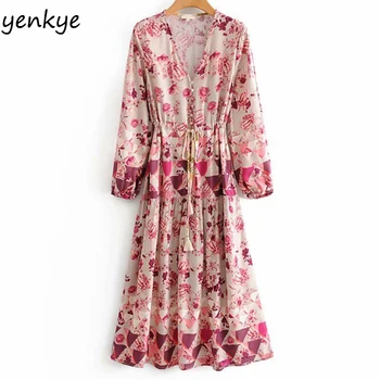 

Summer Dress Women Vintage Floral Print Long Maxi Dress Elegant Lady V Neck Long Sleeve Drawstring Waist A-line Casual Dress