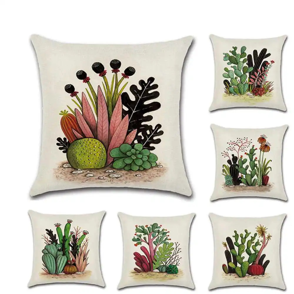 

Linen Cushion Cover Decorative Cartoon Pillowcase Botanical Cactus 45*45cm Throw Pillow Case