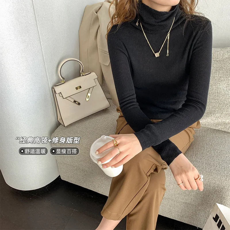 red sweater High Collar Hit Autumn and Winter New Style Sweater Women 's 2022 Solid Color Versatile Slim Fit Women Sweetshirts Traf Y2k brown cardigan Sweaters