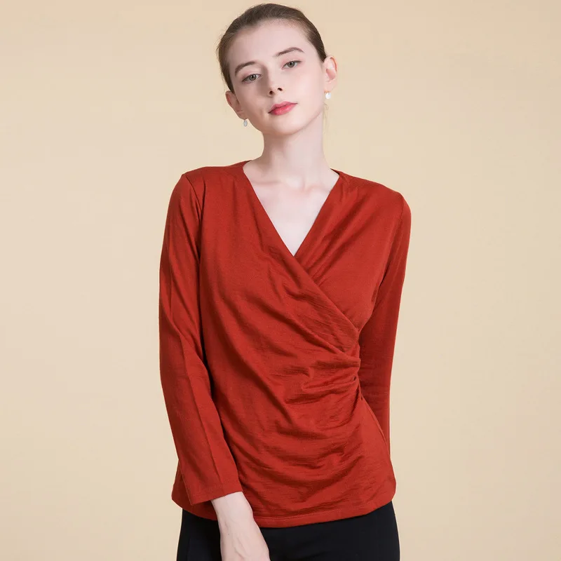 Women's Long Sleeve Top 100% Fine Wool Overlapping