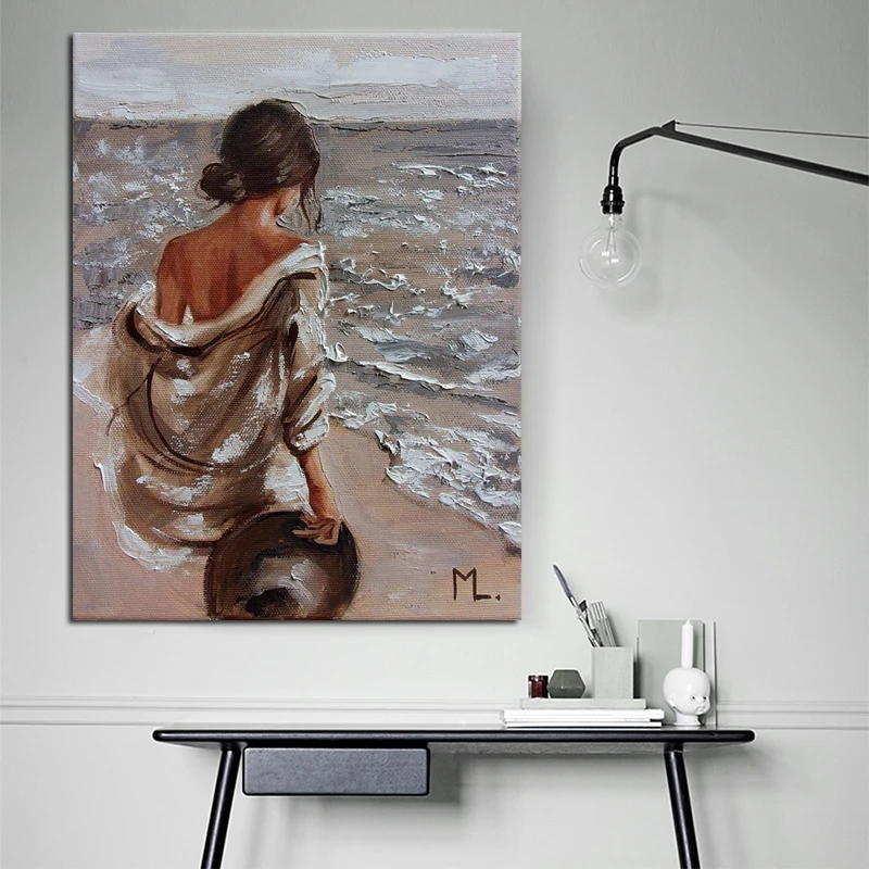 Canvas Painting Living Room Decoration Oil Painting Poster PrintNaked Shoulder Girl With Hat In Hand Facing The Waves Frameless