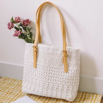 

Lace White Fashion Shoulder Bag for Women Large Capacity Summer Straw Flowers Ladies Shopping Big Totes Travel Ladies Handbag
