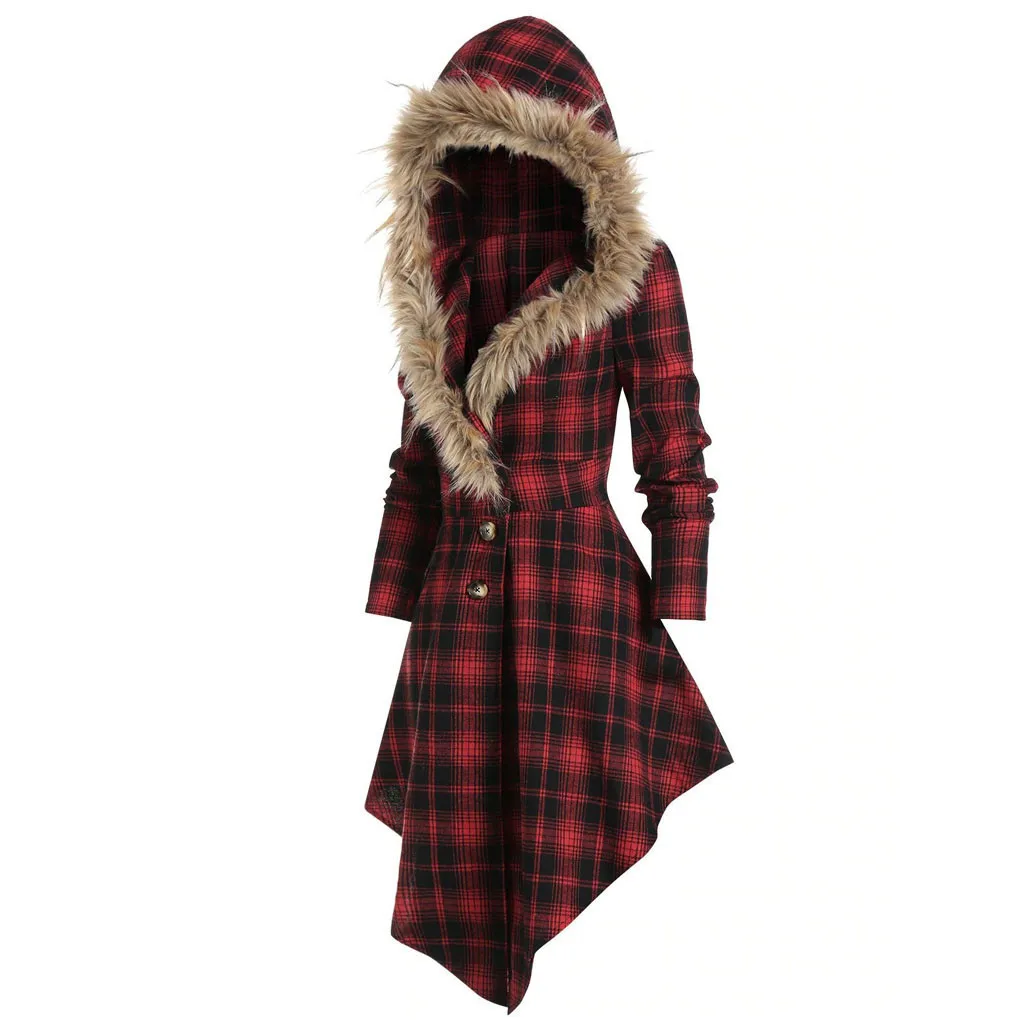 Fashion Plaid Warm Coat Casual Ladies Hooded Fur Collar Buttons Tunic Jacket Coat Female Winter Long Sleeve Womens Outerwear