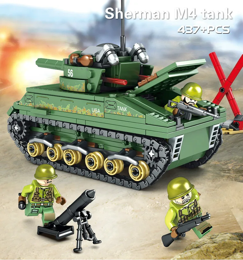 

437pcs Steel Empire Series Sherman M4 Tank Small Particle Splicing Model Brick Set Children's Toy Compatible Lego Assembly Gift