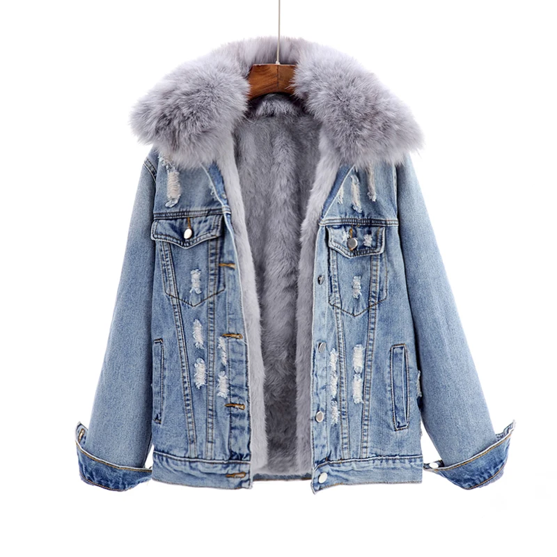 Best Winter Fashion Women Warm Coat Natural Fox Fur Collar+Real Rabbit Hair Liner Denim Jacket Female Th