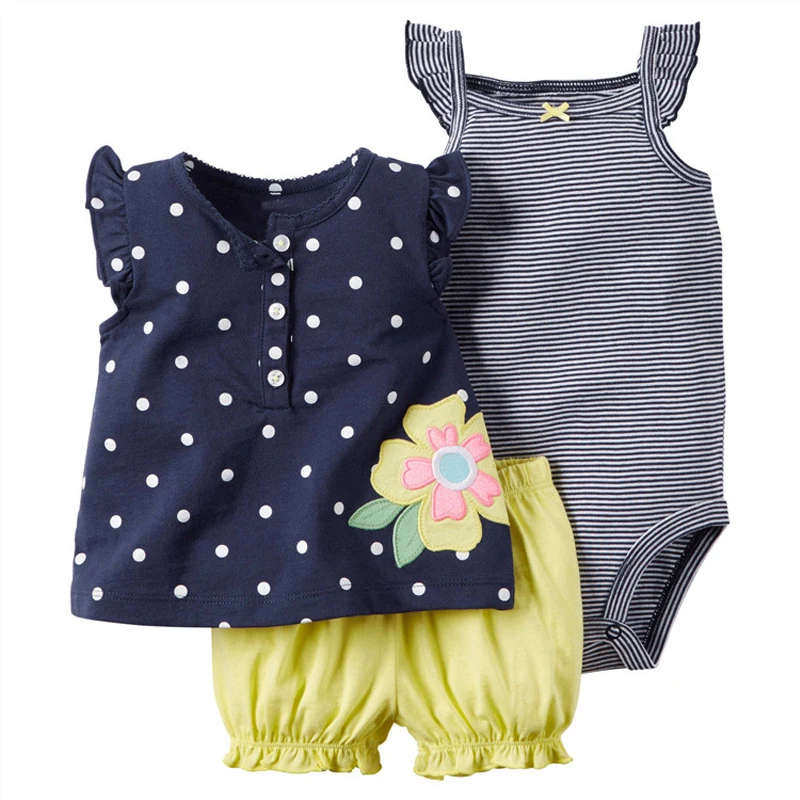 Милая летняя одежда для маленьких девочек топы с короткими рукавами и круглым вырезом+ боди+ шорты комплект одежды для младенцев в горошек Одежда для новорожденных от 6 до 24 месяцев